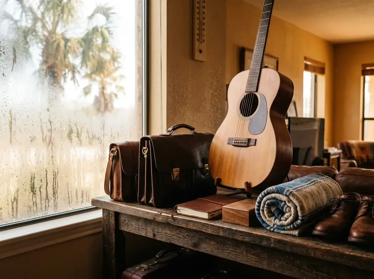  A guitar is stored next to a window on a rainy day